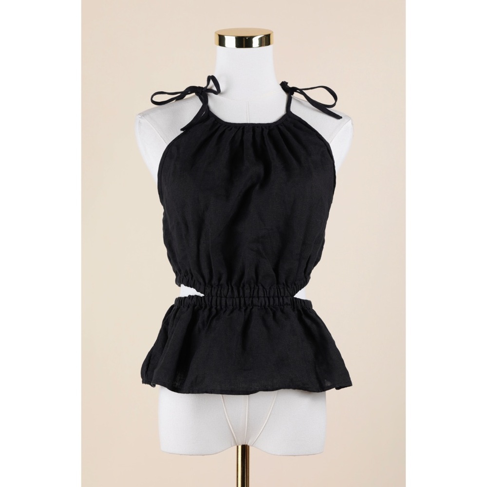 Sz XS J. Crew Black 100% Linen Cutout Halter Neck Tank Top EUC